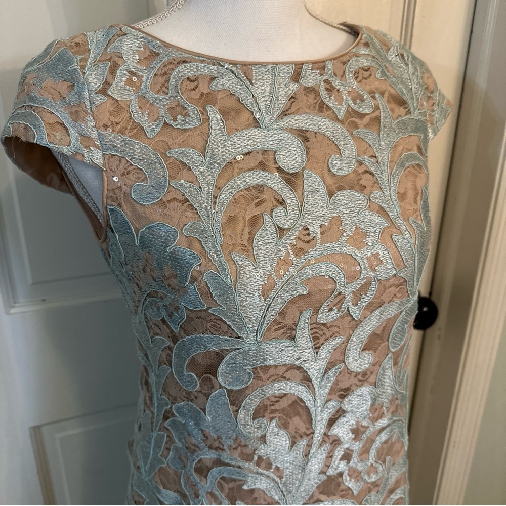Eliza J Floral Lace Sheath Dress Cap Sleeve Light Blue Nude Lining Size 0 - Picture 4 of 16